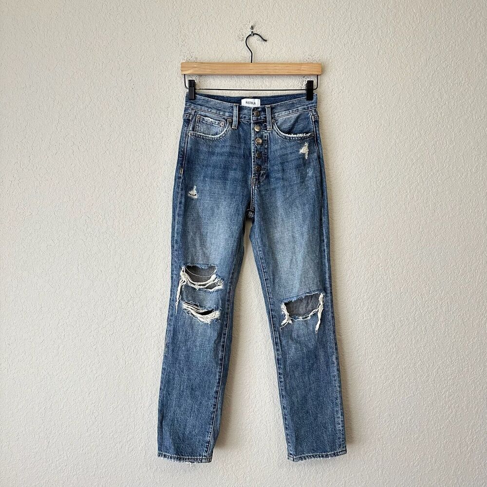 PISTOLA Charlie Exposed Button Fly Jeans Straight Crop Distressed